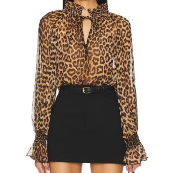 Alice + Olivia NORAH Leopard Silk Peasant Blouse - Picture 1 of 5